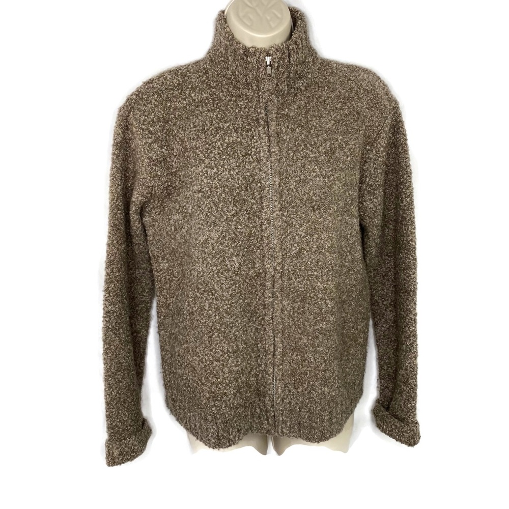 Jones New York Sport Wool Blend Zip Cardigan Curly Weave Brown in Color Large